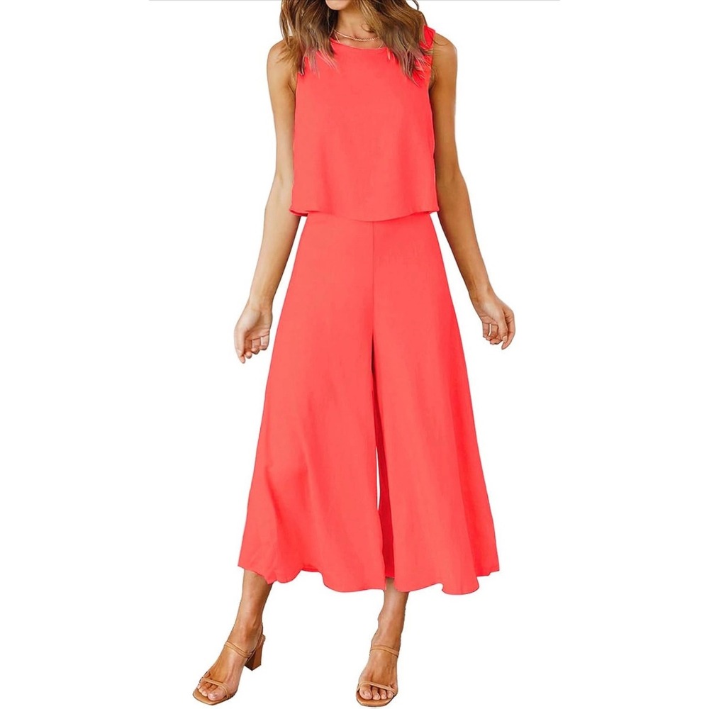 Roylamp Womens NEON Coral Orange 2 Piece Set Crop Top Wide Leg Pants Size M NEW